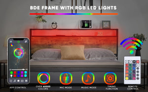 English Elm Full Storage Platform Bed Industrial Metal Frame Rgb Headboard with Charging Station W1916126252
