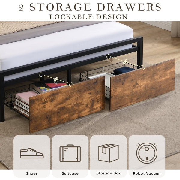 English Elm Full Storage Platform Bed Industrial Metal Frame Rgb Headboard with Charging Station W1916126252