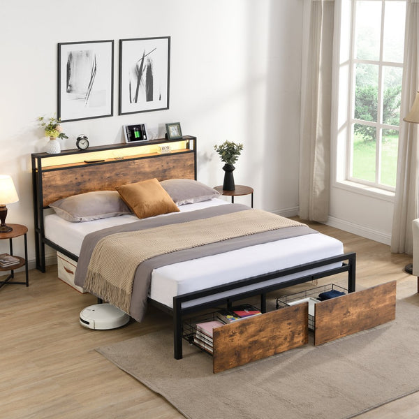 English Elm Queen LED Bed Frame with Storage Headboard, 2 Drawers, Fast Charging Ports, Metal Slats, Silent Support W1916126253