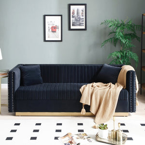 English Elm Contemporary Velvet Sofa with Channel Tufting Gold Legs Nailhead Trim Living Room W1117P147297