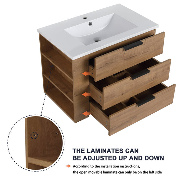 English Elm 30 Inch Bathroom Vanity With Resin Sink - Wall-Mounted, Soft-Closing Drawers, Modern Oak Finish W999S00080