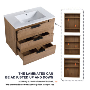 English Elm 30 Inch Wall-Mounted Bathroom Vanity With Resin Sink, Soft-Close Drawers, & Adjustable Shelf W999S00086