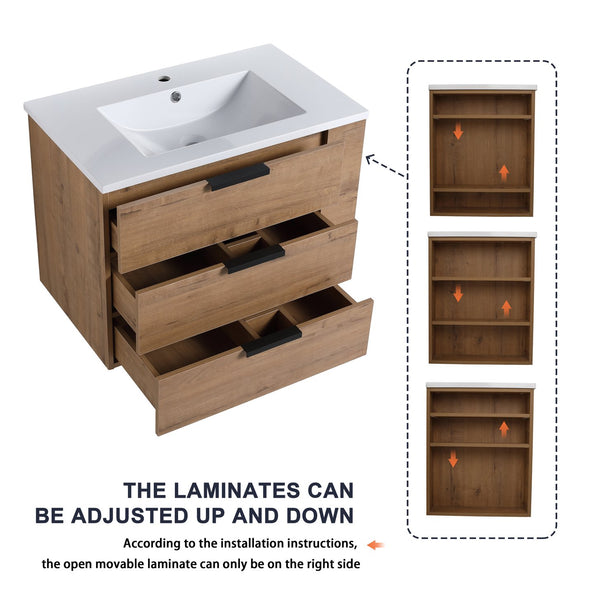 English Elm 30 Inch Wall-Mounted Bathroom Vanity With Resin Sink, Soft-Close Drawers, & Adjustable Shelf W999S00086