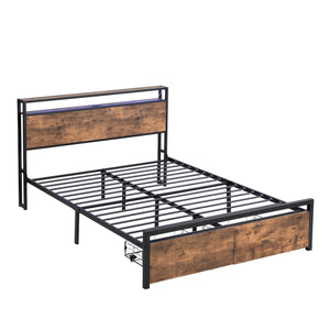 English Elm Queen LED Bed Frame with Storage Headboard, 2 Drawers, Fast Charging Ports, Metal Slats, Silent Support W1916126253