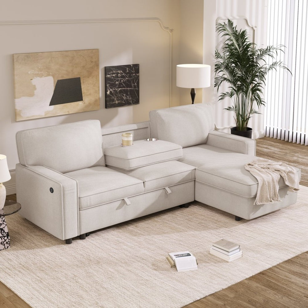 English Elm U_style L-shaped Sleeper Sectional with Hidden Storage Usb Port and Cup Holders Beige WY000418AAA