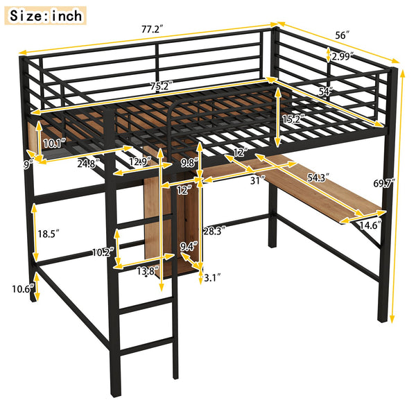 English Elm Full Full Size Metal & Wood Loft Bed with L-Shaped Desk, Shelves & Sturdy Frame for Small Spaces GX000629AAB