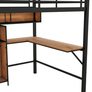 English Elm Full Full Size Metal & Wood Loft Bed with L-Shaped Desk, Shelves & Sturdy Frame for Small Spaces GX000629AAB