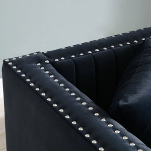 English Elm Contemporary Velvet Sofa with Channel Tufting Gold Legs Nailhead Trim Living Room W1117P147297