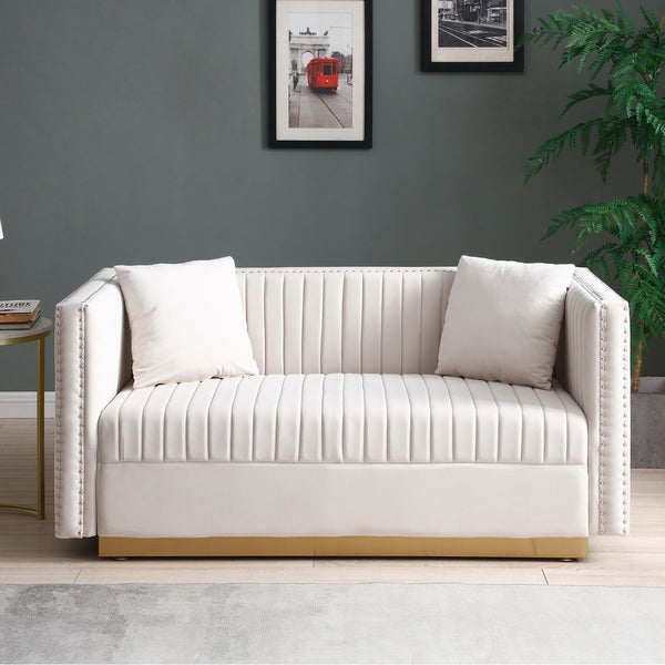 English Elm Contemporary Velvet Channel Tufted Loveseat Sofa - Modern Upholstered 2-Seater with Pillows, Sleek Apartment Style Beige W1117P147302