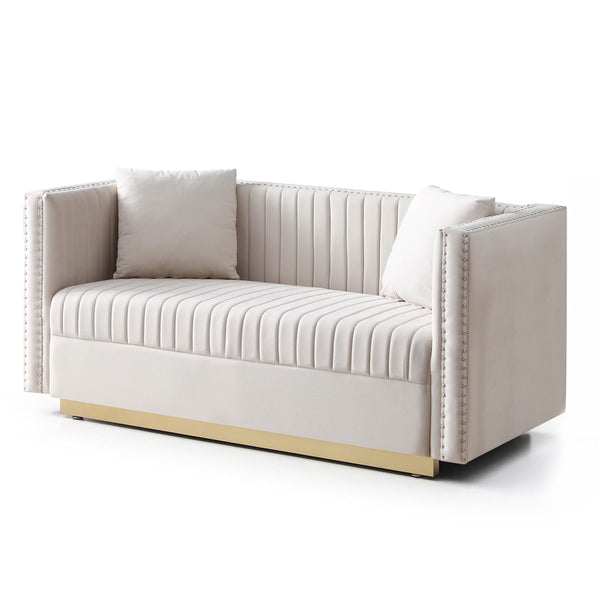 English Elm Contemporary Velvet Channel Tufted Loveseat Sofa - Modern Upholstered 2-Seater with Pillows, Sleek Apartment Style Beige W1117P147302