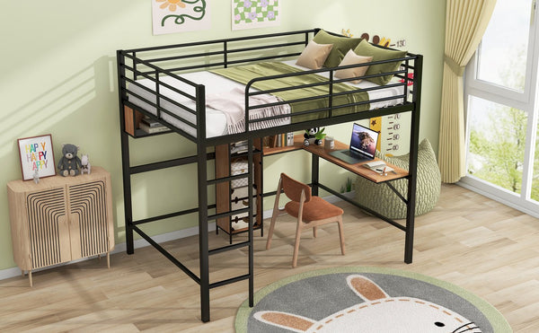 English Elm Full Full Size Metal & Wood Loft Bed with L-Shaped Desk, Shelves & Sturdy Frame for Small Spaces GX000629AAB