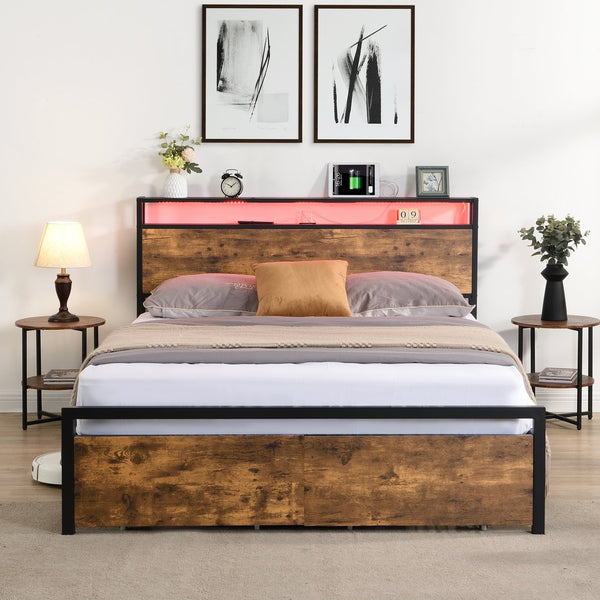 English Elm Queen LED Bed Frame with Storage Headboard, 2 Drawers, Fast Charging Ports, Metal Slats, Silent Support W1916126253