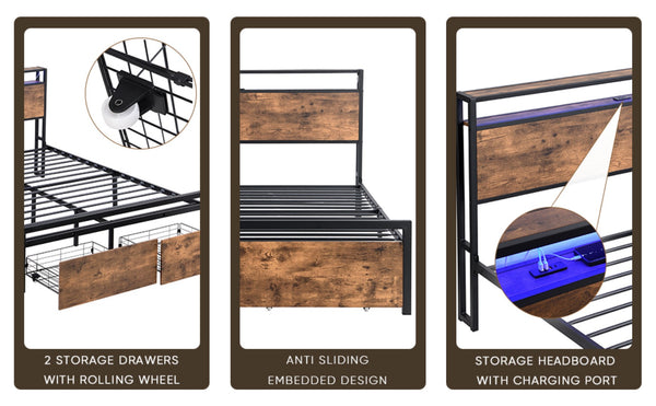 English Elm Full Storage Platform Bed Industrial Metal Frame Rgb Headboard with Charging Station W1916126252