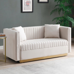 English Elm Contemporary Velvet Channel Tufted Loveseat Sofa - Modern Upholstered 2-Seater with Pillows, Sleek Apartment Style Beige W1117P147302