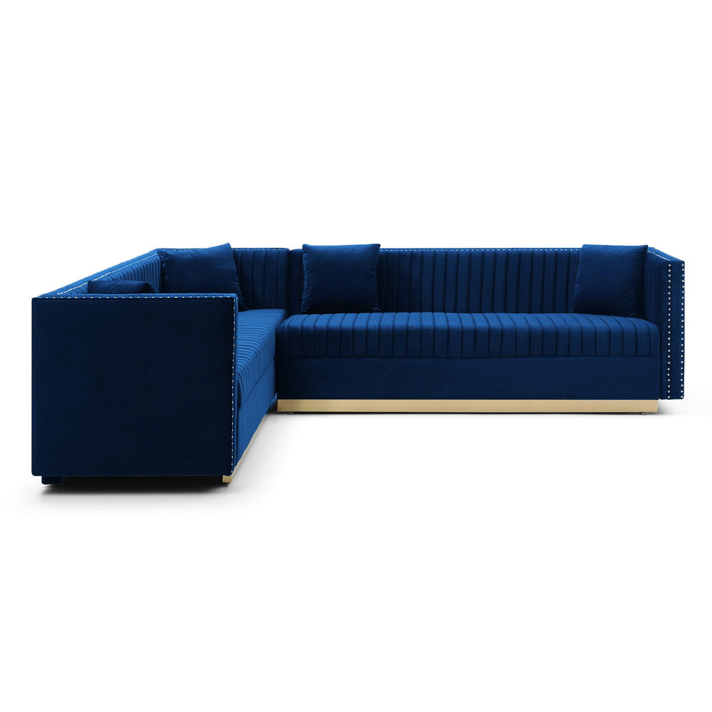 English Elm Contemporary Velvet Sectional Sofa With Elegant Channel Tufting & 4 Matching Pillows, Blue Color W1117S00054