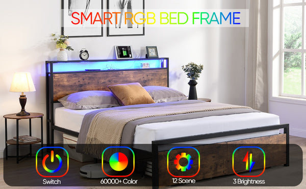 English Elm Full Storage Platform Bed Industrial Metal Frame Rgb Headboard with Charging Station W1916126252
