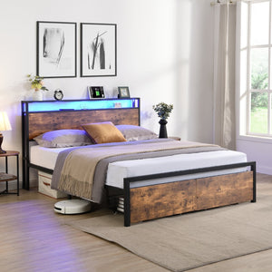 English Elm Queen LED Bed Frame with Storage Headboard, 2 Drawers, Fast Charging Ports, Metal Slats, Silent Support W1916126253