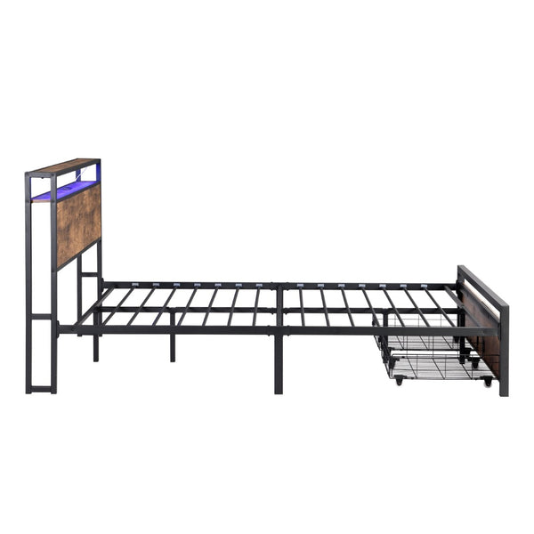 English Elm Full Storage Platform Bed Industrial Metal Frame Rgb Headboard with Charging Station W1916126252