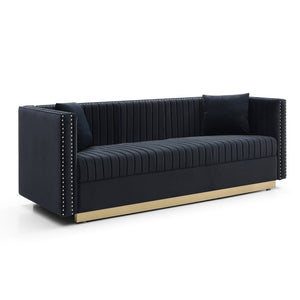 English Elm Contemporary Velvet Sofa with Channel Tufting Gold Legs Nailhead Trim Living Room W1117P147297