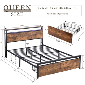 English Elm Queen LED Bed Frame with Storage Headboard, 2 Drawers, Fast Charging Ports, Metal Slats, Silent Support W1916126253