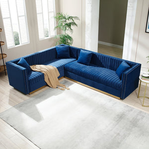English Elm Contemporary Velvet Sectional Sofa With Elegant Channel Tufting & 4 Matching Pillows, Blue Color W1117S00054