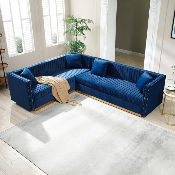 English Elm Contemporary Velvet Sectional Sofa With Elegant Channel Tufting & 4 Matching Pillows, Blue Color W1117S00054