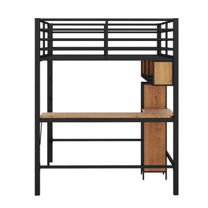 English Elm Full Full Size Metal & Wood Loft Bed with L-Shaped Desk, Shelves & Sturdy Frame for Small Spaces GX000629AAB