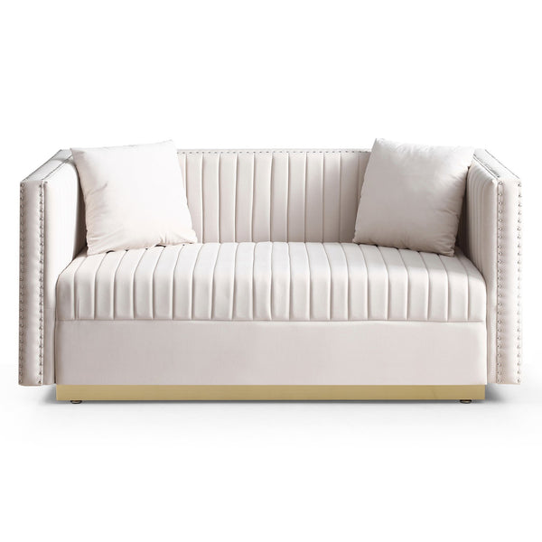 English Elm Contemporary Velvet Channel Tufted Loveseat Sofa - Modern Upholstered 2-Seater with Pillows, Sleek Apartment Style Beige W1117P147302