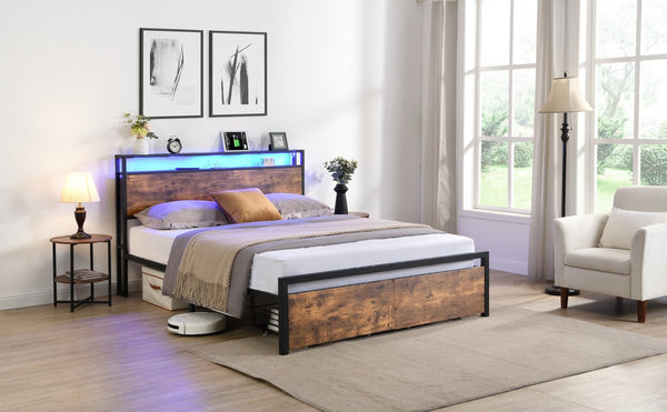 English Elm Queen LED Bed Frame with Storage Headboard, 2 Drawers, Fast Charging Ports, Metal Slats, Silent Support W1916126253