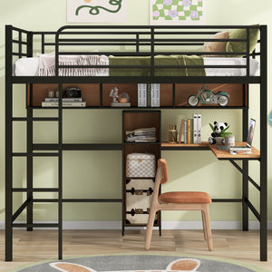English Elm Full Full Size Metal & Wood Loft Bed with L-Shaped Desk, Shelves & Sturdy Frame for Small Spaces GX000629AAB