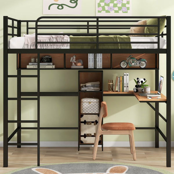 English Elm Full Full Size Metal & Wood Loft Bed with L-Shaped Desk, Shelves & Sturdy Frame for Small Spaces GX000629AAB