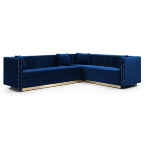 English Elm Contemporary Velvet Sectional Sofa With Elegant Channel Tufting & 4 Matching Pillows, Blue Color W1117S00054