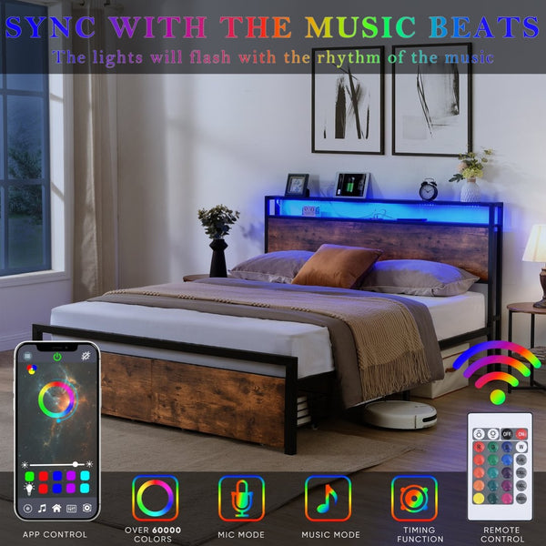 English Elm Full Storage Platform Bed Industrial Metal Frame Rgb Headboard with Charging Station W1916126252