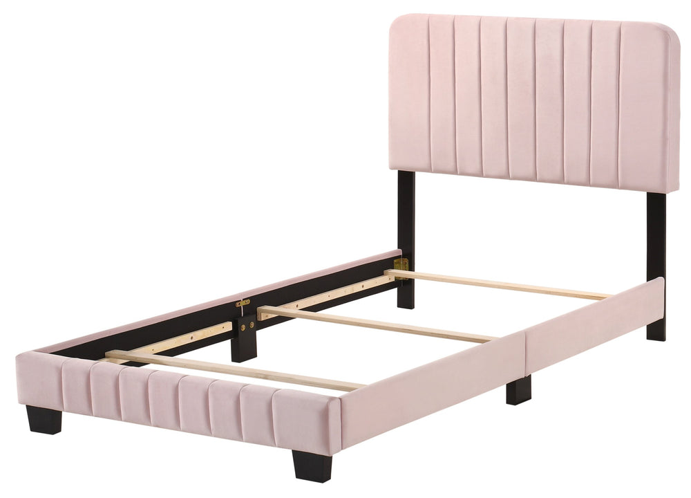 English Elm Charming Pink Channel Tufted Velvet Twin Bed with Wood Slats & Legs, 48"H x 43"W x 81"D, Ships Single Box B078107881