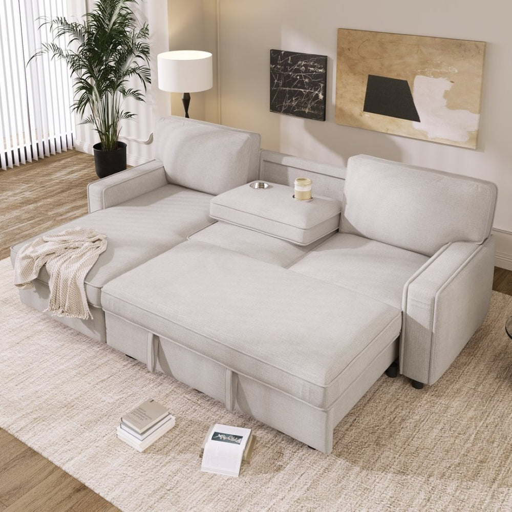 English Elm U_style L-shaped Sleeper Sectional with Hidden Storage Usb Port and Cup Holders Beige WY000418AAA