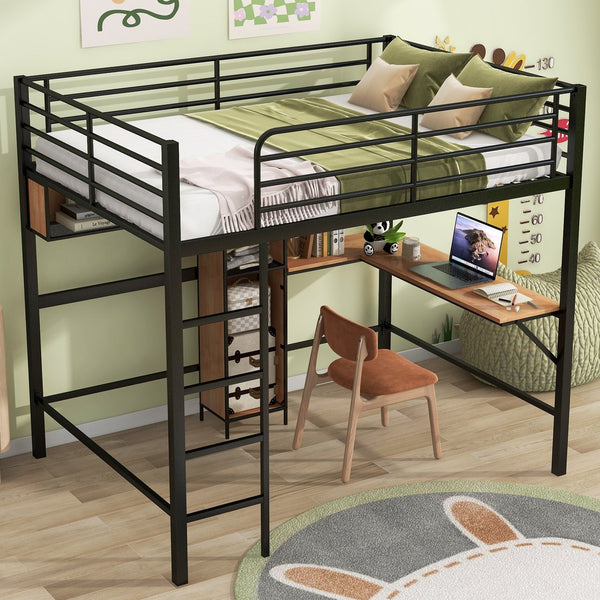 English Elm Full Full Size Metal & Wood Loft Bed with L-Shaped Desk, Shelves & Sturdy Frame for Small Spaces GX000629AAB