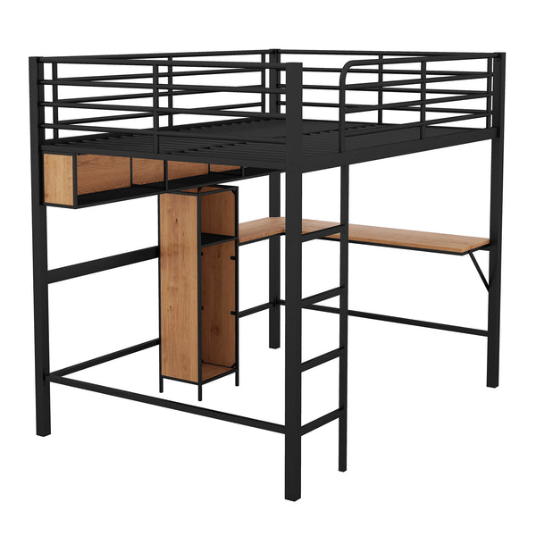 English Elm Full Full Size Metal & Wood Loft Bed with L-Shaped Desk, Shelves & Sturdy Frame for Small Spaces GX000629AAB