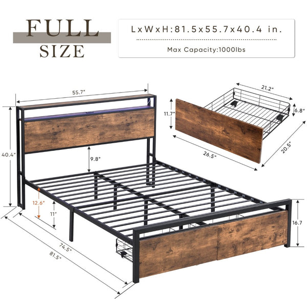 English Elm Full Storage Platform Bed Industrial Metal Frame Rgb Headboard with Charging Station W1916126252