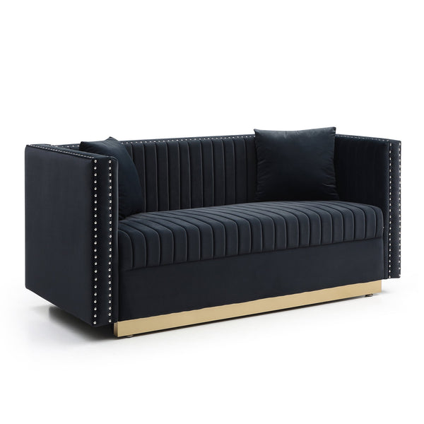 English Elm Contemporary Velvet Channel Tufted Loveseat Sofa - Modern Upholstered 2-Seater with Pillows, Sleek Apartment Style Black W1117P147303