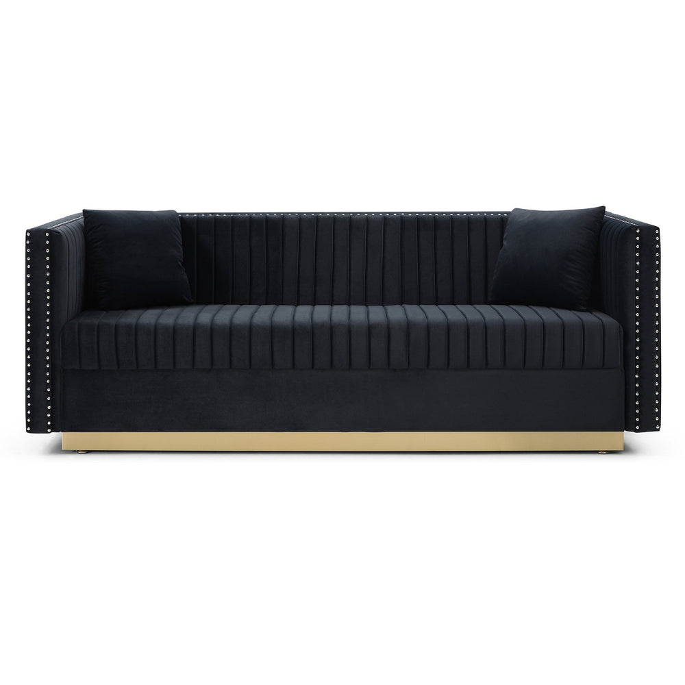 English Elm Contemporary Velvet Sofa with Channel Tufting Gold Legs Nailhead Trim Living Room W1117P147297