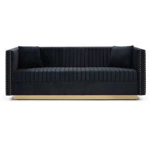 English Elm Contemporary Velvet Sofa with Channel Tufting Gold Legs Nailhead Trim Living Room W1117P147297