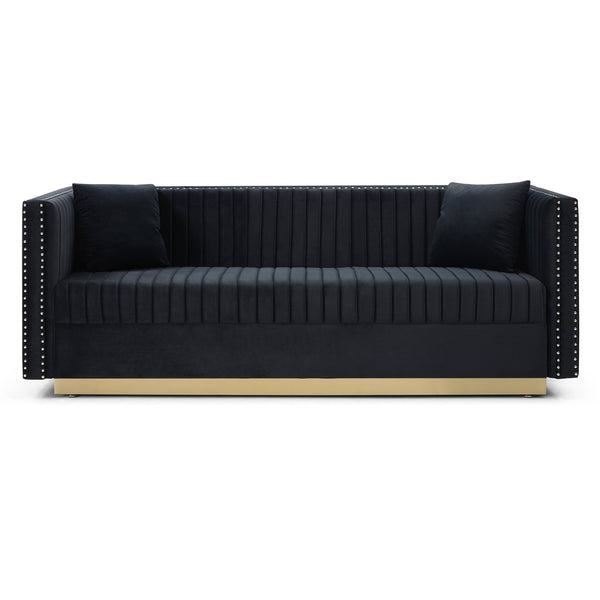 English Elm Contemporary Velvet Sofa with Channel Tufting Gold Legs Nailhead Trim Living Room W1117P147297