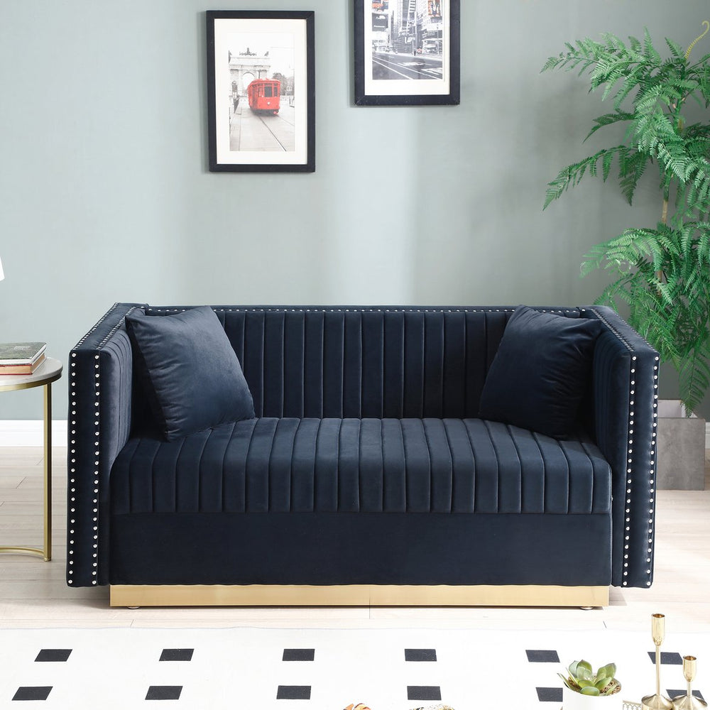 English Elm Contemporary Velvet Channel Tufted Loveseat Sofa - Modern Upholstered 2-Seater with Pillows, Sleek Apartment Style Black W1117P147303