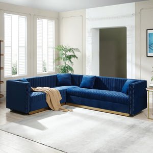 English Elm Contemporary Velvet Sectional Sofa With Elegant Channel Tufting & 4 Matching Pillows, Blue Color W1117S00054