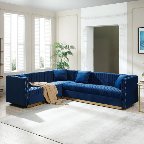 English Elm Contemporary Velvet Sectional Sofa With Elegant Channel Tufting & 4 Matching Pillows, Blue Color W1117S00054