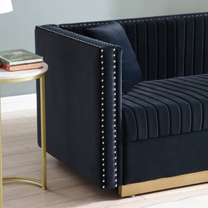 English Elm Contemporary Velvet Sofa with Channel Tufting Gold Legs Nailhead Trim Living Room W1117P147297