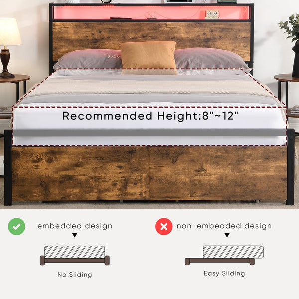 English Elm Queen LED Bed Frame with Storage Headboard, 2 Drawers, Fast Charging Ports, Metal Slats, Silent Support W1916126253