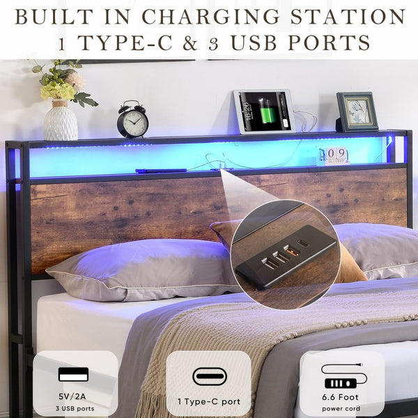 English Elm Full Storage Platform Bed Industrial Metal Frame Rgb Headboard with Charging Station W1916126252