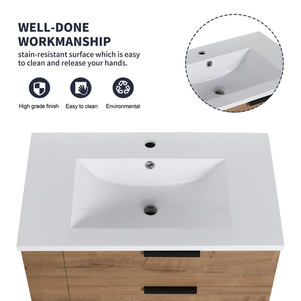 English Elm 30 Inch Bathroom Vanity With Resin Sink - Wall-Mounted, Soft-Closing Drawers, Modern Oak Finish W999S00080