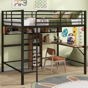 English Elm Full Full Size Metal & Wood Loft Bed with L-Shaped Desk, Shelves & Sturdy Frame for Small Spaces GX000629AAB